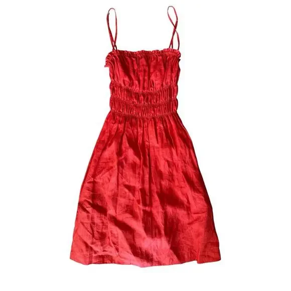 Gillia Red Linen Mini Dress Spaghetti Strap Convertible Strapless Shirred Waist - Picture 3 of 10